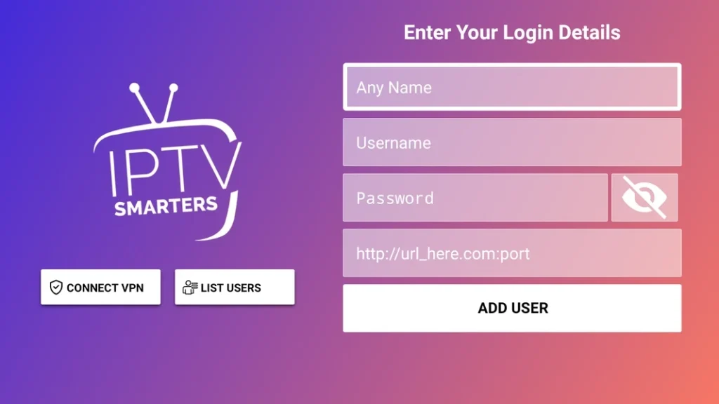 iptv smarters pro – aloitusnäkymä televisiossa ja kirjautumisvaihtoehdot