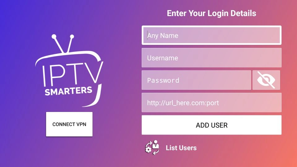 IPTV Smarters Player kirjautuminen käyttäjätunnuksella, salasanalla ja palvelimen URL-osoitteella