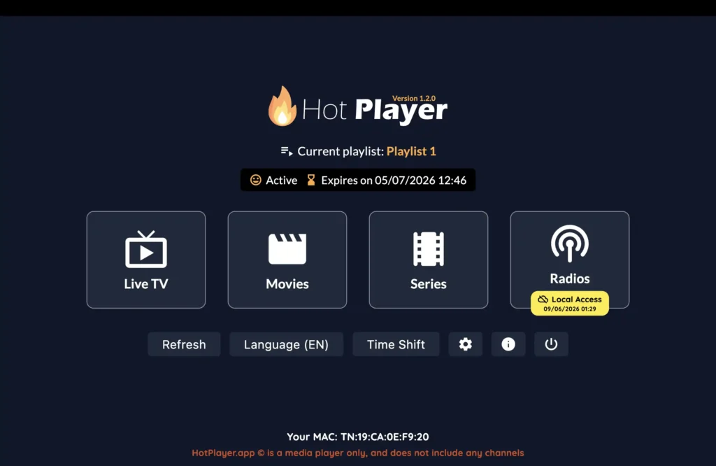 Hot Player Live TV päävalikko