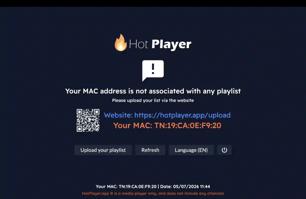 Hot Player ensimmäinen käynnistys ja MAC Address Smart TV:llä