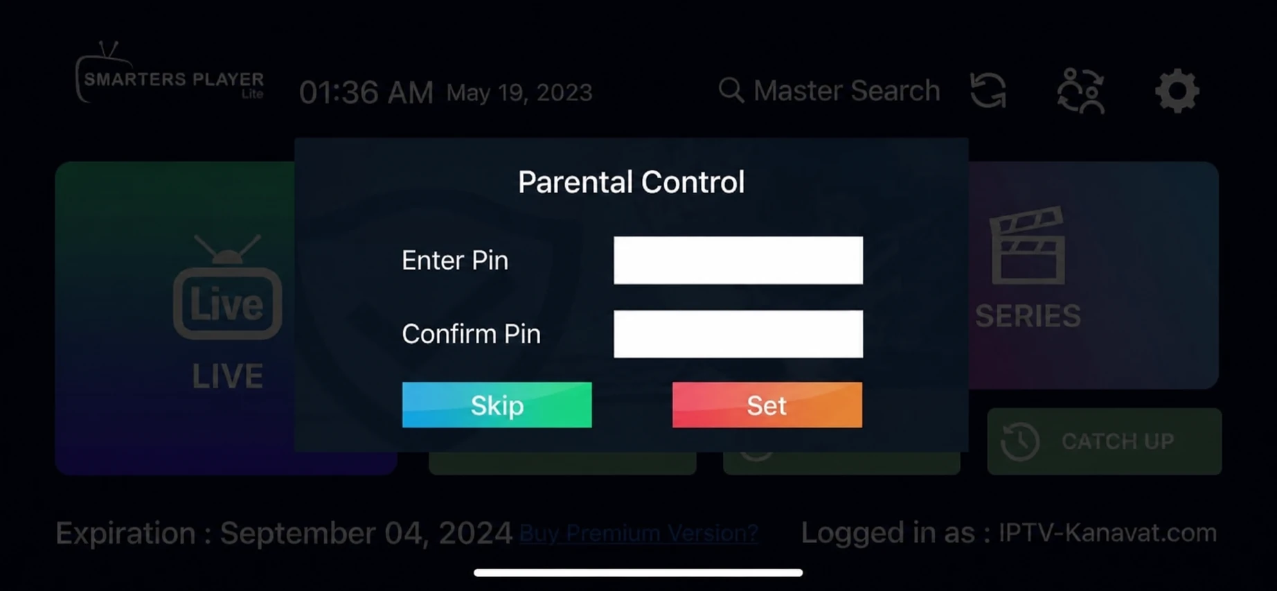 IPTV Smarters Pro ohje vaihe 3: lapsilukon PIN-koodi tai ohitus