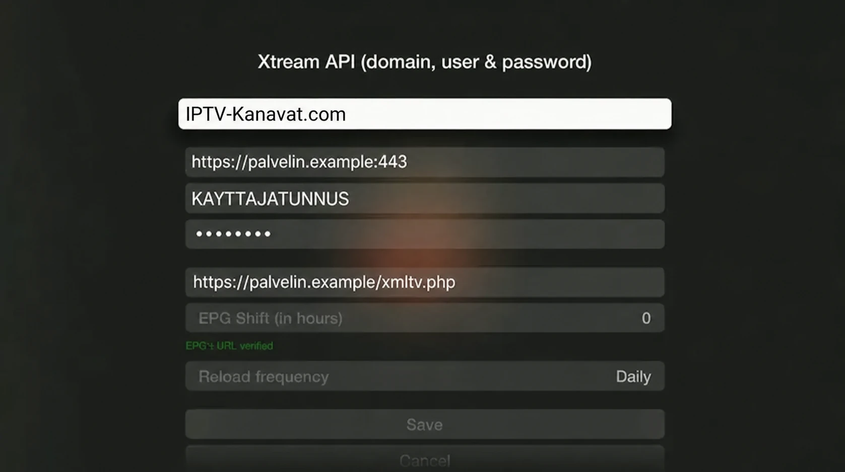 IPTVX-ohje vaihe 2: IPTV-Kanavat.com-esimerkin palvelinosoite, käyttäjätunnus ja salasana