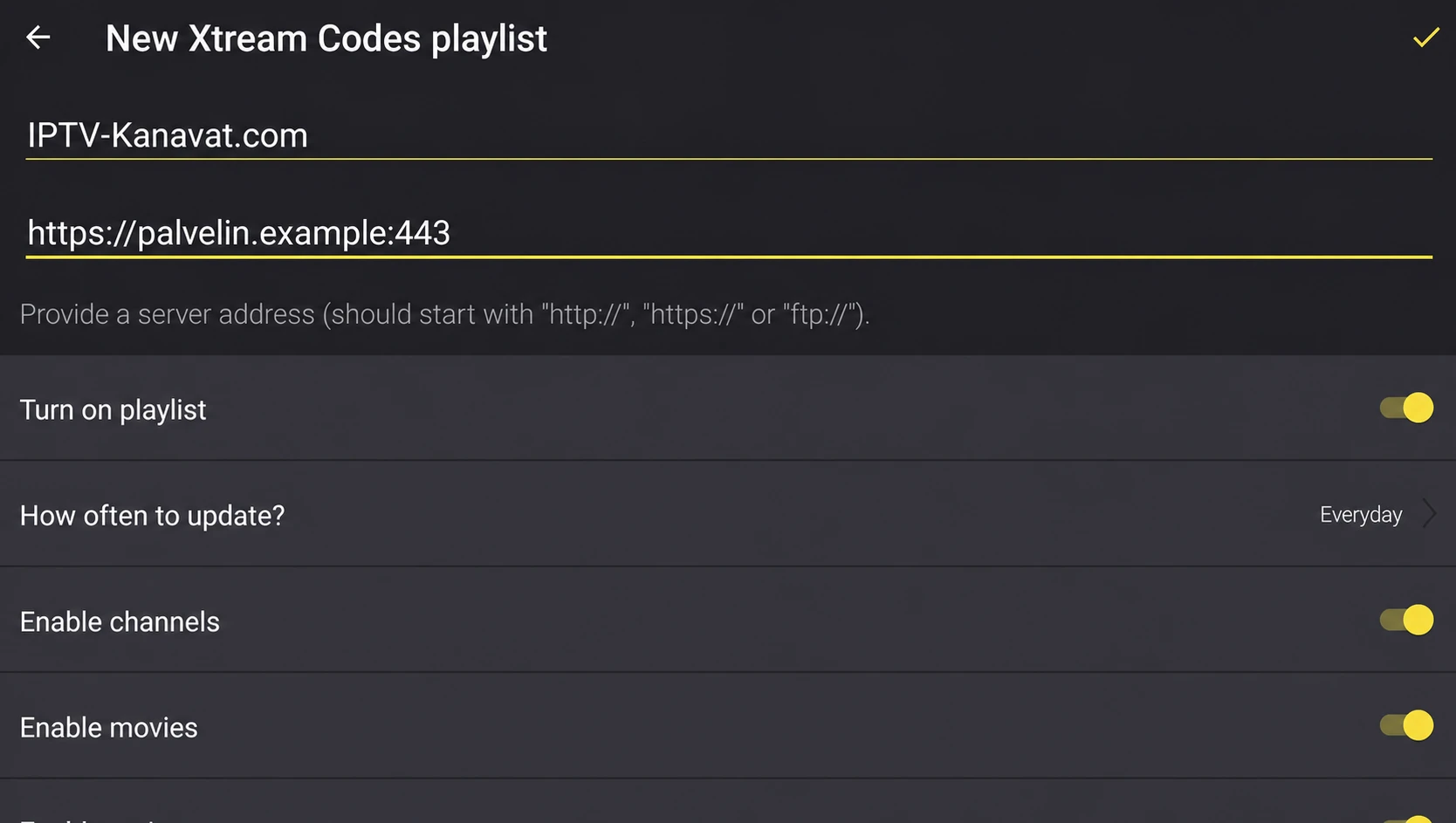 Televizo IPTV Player vaihe 2: IPTV-Kanavat.com ja turvallinen server URL